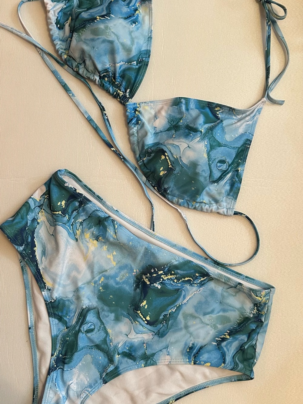 Blue Marble Print Triangle Bikini Set